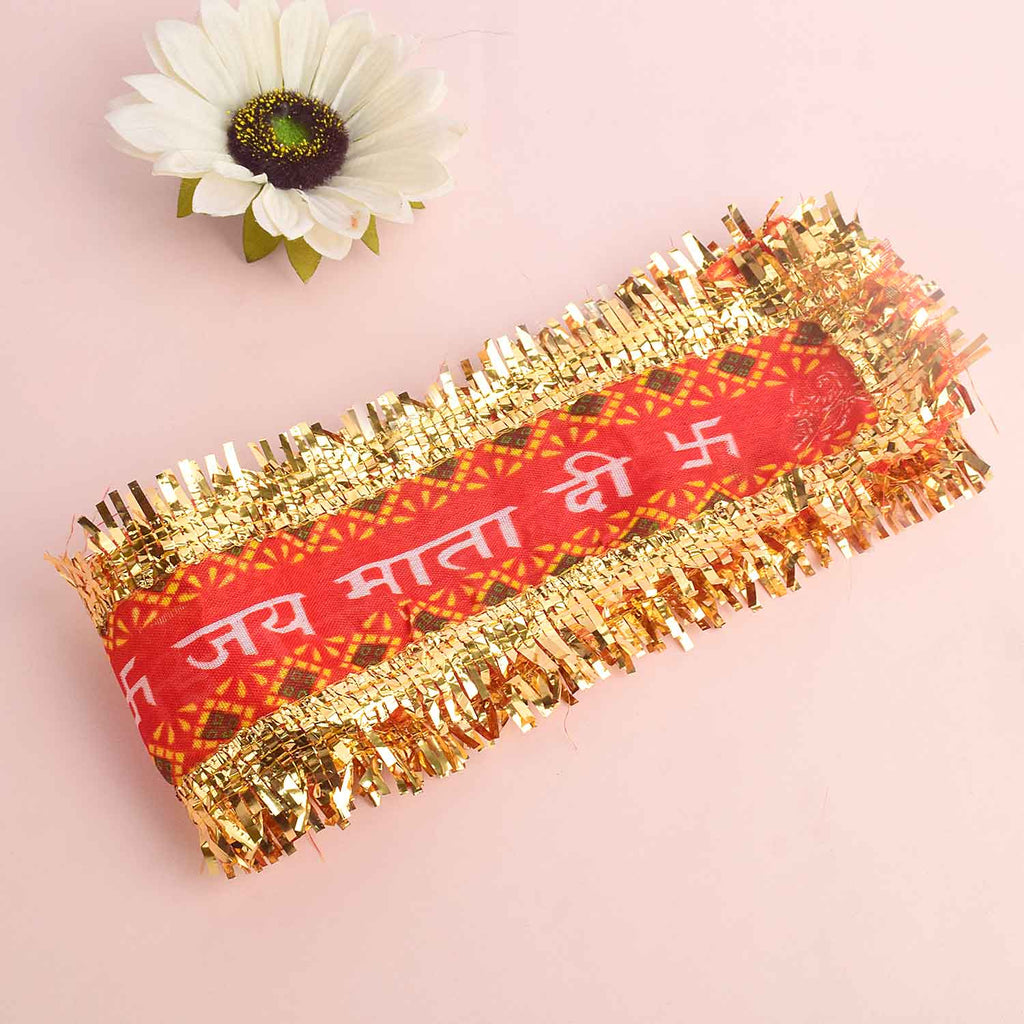 raditional Red and Gold "Jai Mata Di" Patti with Swastik and Mantra Print – 95x6 cm (37.4x2.4 inches), perfect for Navratri, temple decoration, and festive celebrations in the USA.