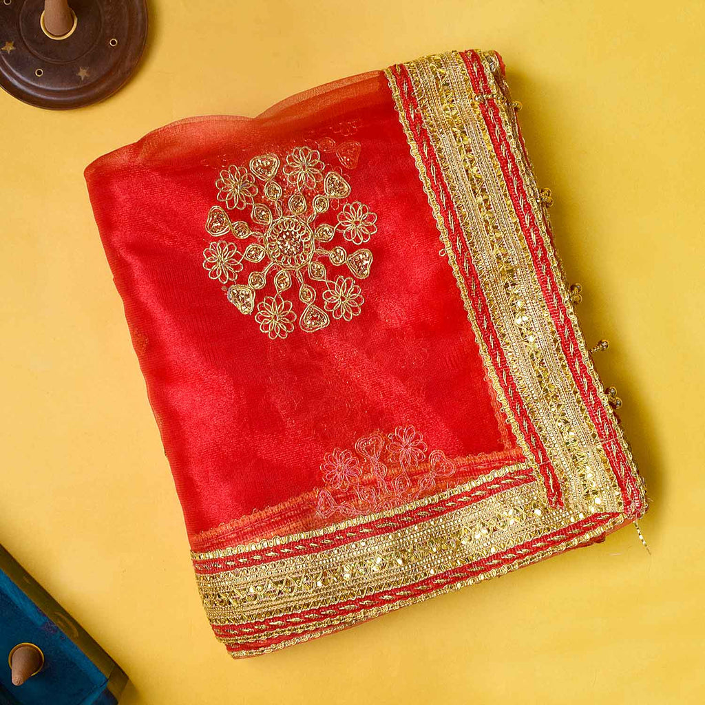 Traditional Pink Pooja Chunri with Golden Embroidered Motifs – 110x214 cm (43.3x84.2 inches), perfect for Hindu rituals, temple decor, and festive celebrations like Diwali and Navratri in the USA.