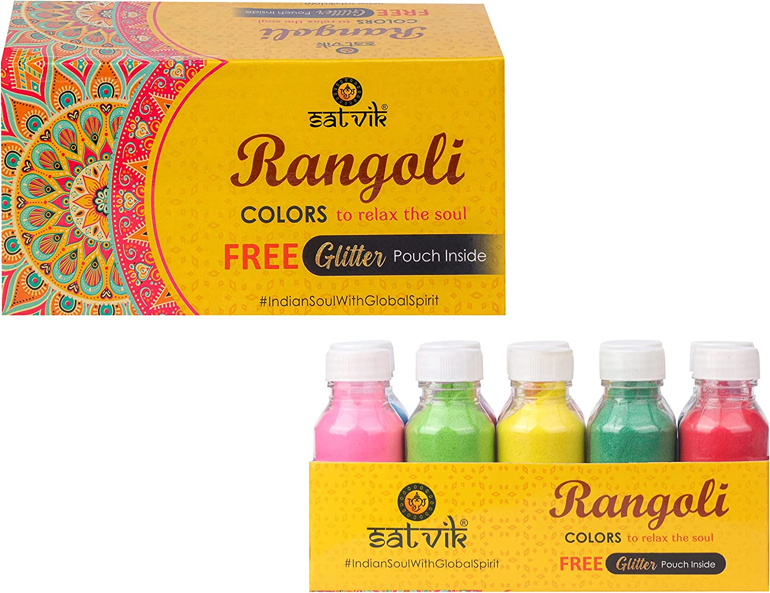 Satvik Rangoli Powder with 10 Colours for every Devotional Occasion, 500g.  Non-toxic and safe colour powders made of natural ing
